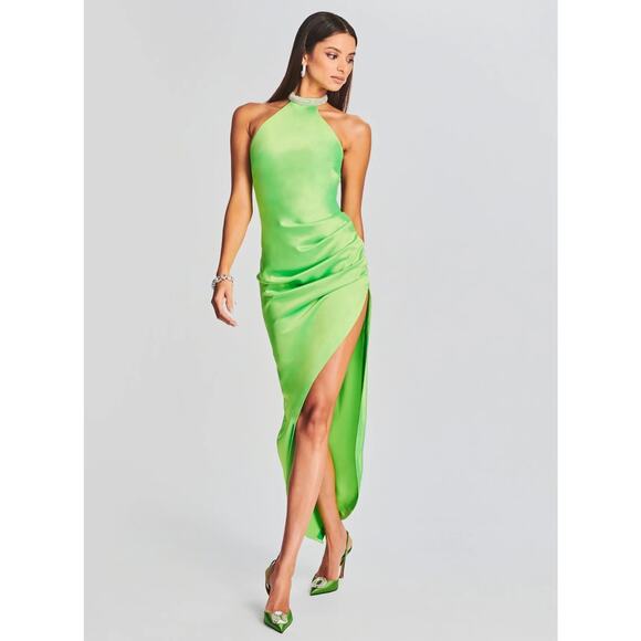 retrofête Dresses & Skirts - Retrofête Maria Halter Gown Lime Punch Neon Green Rhinestone Neck Maxi NWT